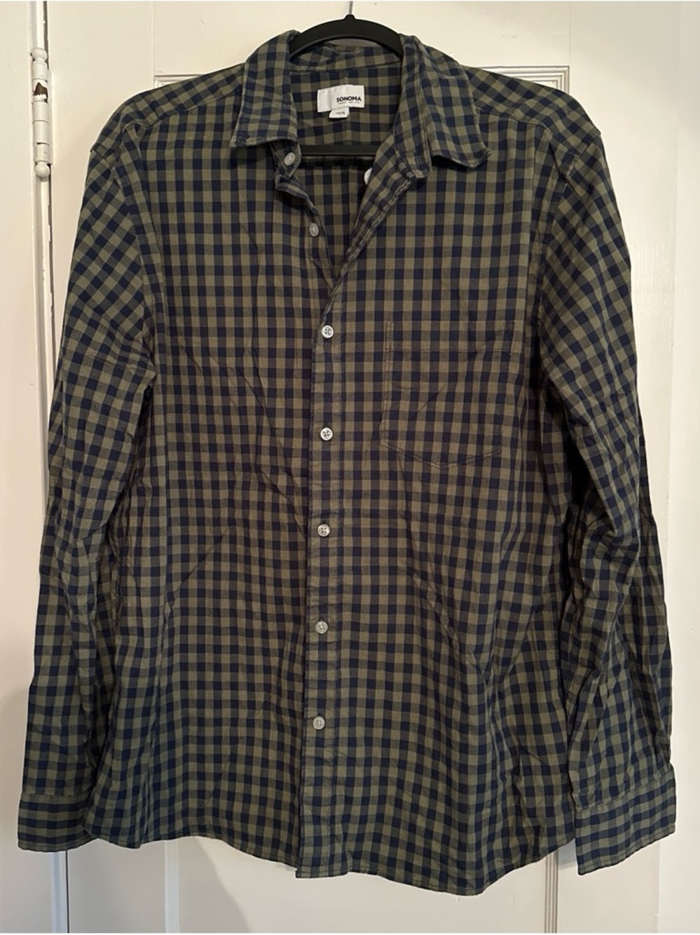 Sonoma Olive and Navy Check Button-Down Shirt